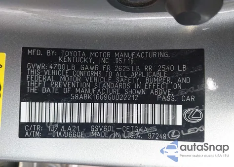 2016 Lexus Es 350 z USA, uszkodzony, nr VIN 58ABK1GG9GU022212